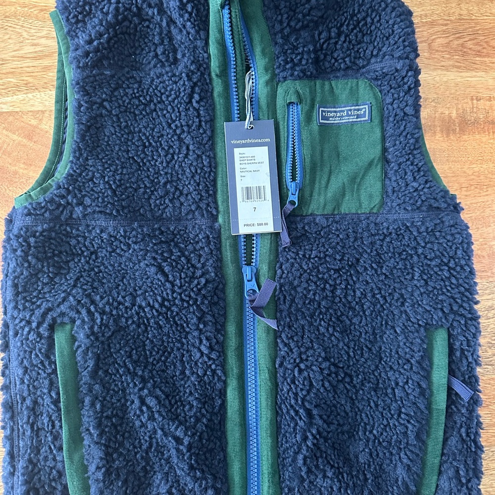 Vineyard Vines Kids Navy Sherpa Vest with Green Accents
